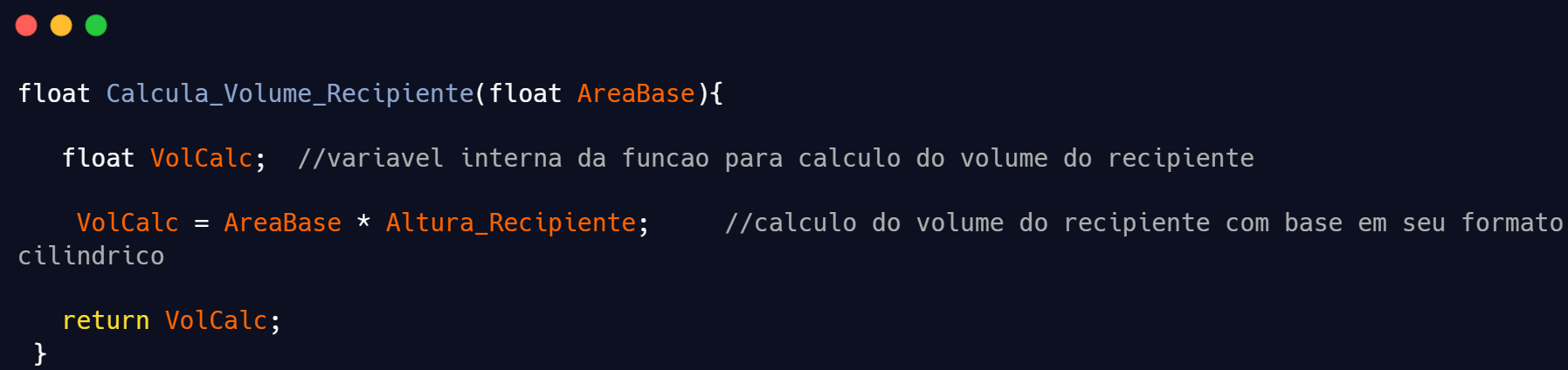 Função Calcula_Volume_Recipiente